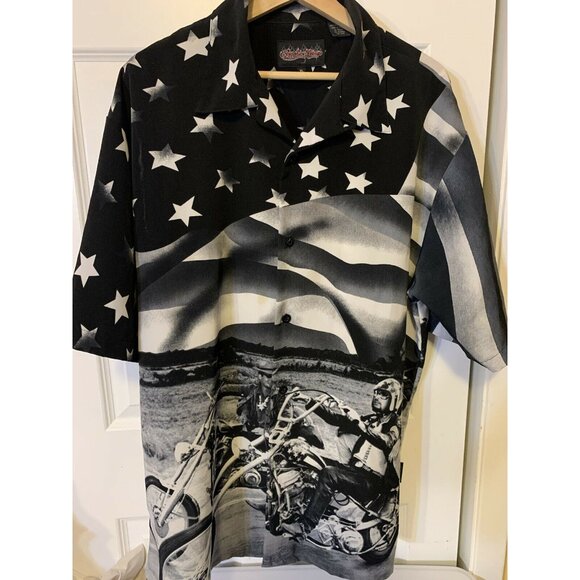Saphire Lounge‎ Men’s Sz XL Button Shirt Biker Flag Stars Ride Free Black White - Picture 3 of 11